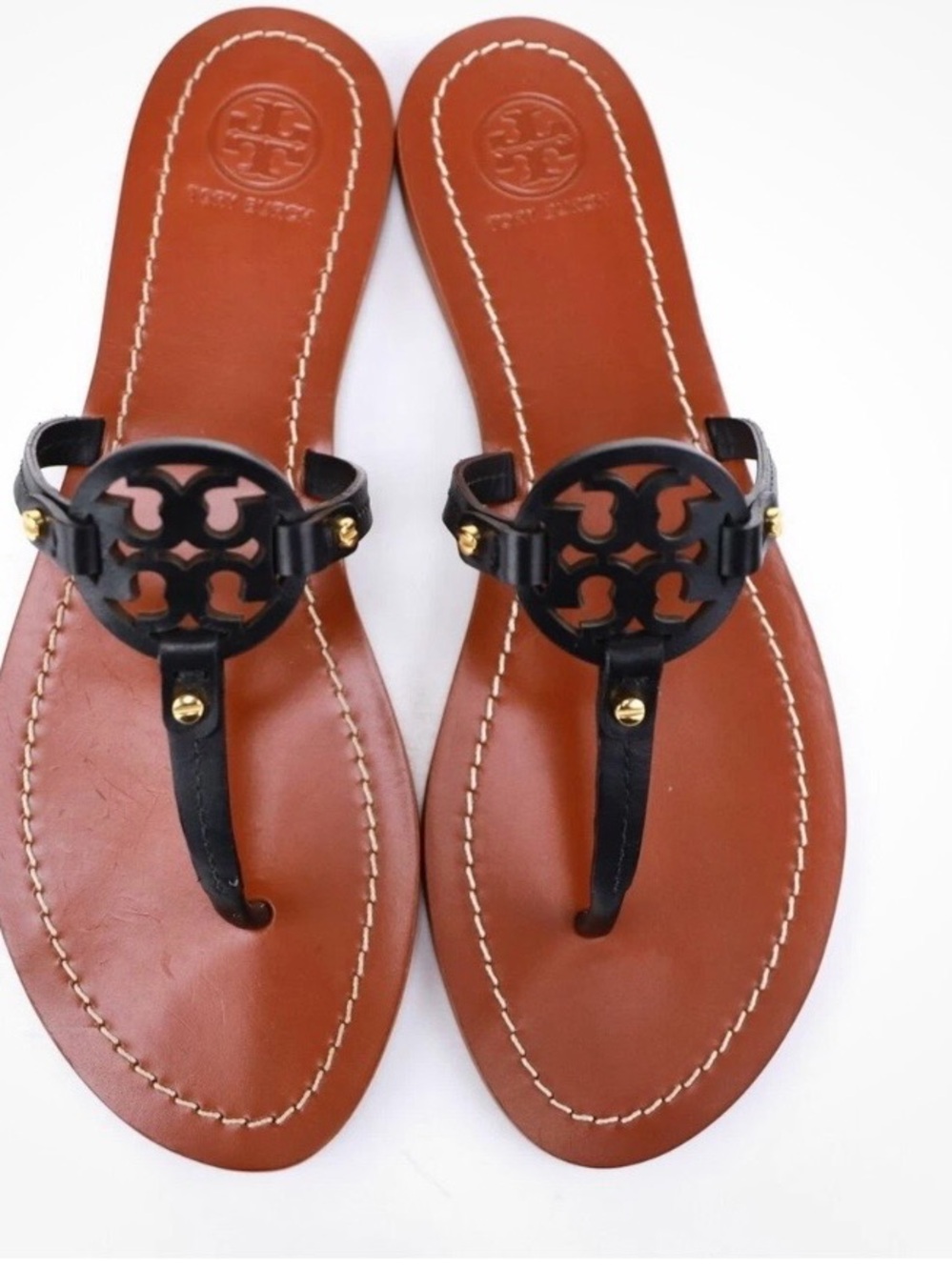 Tory Burch Black Leather Logo Thong Sandals with Tan Footbed - Picture 2 of 10